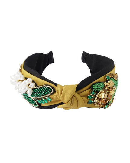 Haarband knoop en kralen Mosterd